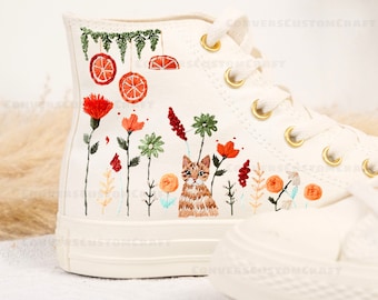 Embroidered Cat Flower Garden Design Converse, Cat Embroidered, Flower Converse, Pet Custom, Embroidery Converse 1970s, Gift for Cat Lover