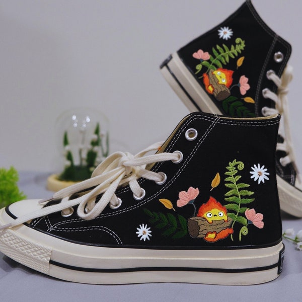 Cute Fire Converse, Cartoon Fire Embroidered Converse, Flower Custom Shoes, Convers Cartoon, Custom Hand Embroidered Converse