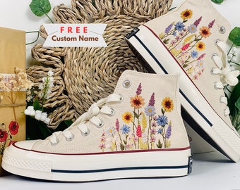 Customized Converse Embroidered Shoes Converse Chuck Taylor 1970s Embroidered Sunflower Garden, Lavender, Converse Shoes Best Gift for Her