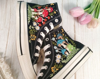 Embroidered Converse Mushroom and Frog, Converse High Tops Chuck Taylor Embroidered Frog & Mushroom, Mushrooms Embroidered Converse Custom