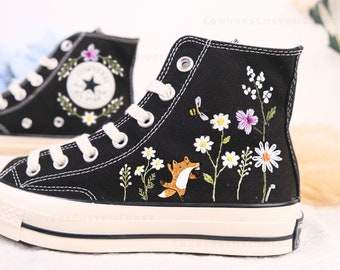 Custom Embroidered Converse, Gardens Flower & Moon Embroidered Shoes, Peony, Poppies, Rose, Daisy Embroidered Sneakers, Unique Gifts for Her