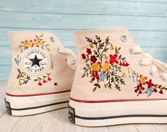 Wedding Sneaker for Bride, Wedding Flowers Embroidered Converse Custom, Wildflower Bridal Bouquet Embroidered Shoes, Gifts for Girlfriend