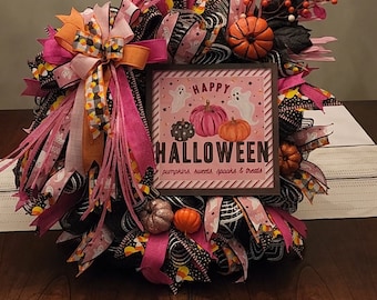 Pink Halloween wreath, Pink and black Halloween wreath, Halloween wreath