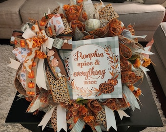 Fall leopard print wreath, fall wreath, fall pumpkin wreath, autumn wreath, orange and cream wreath