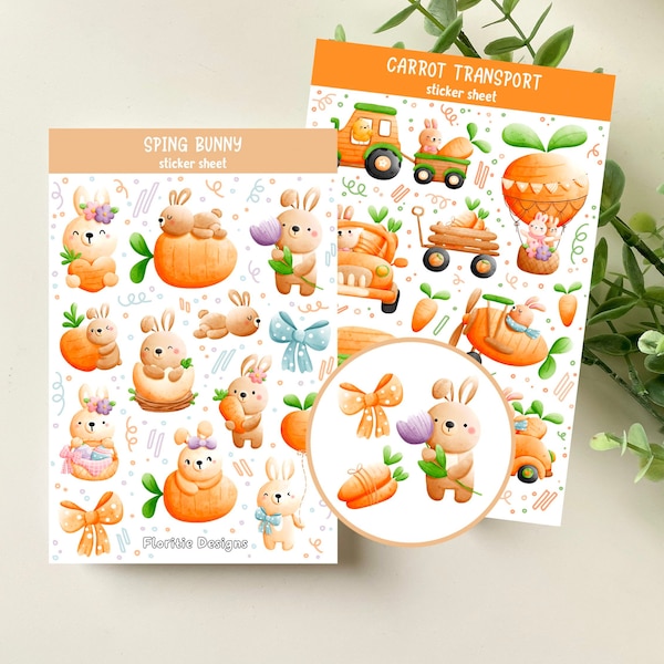 BUNNY & CARROT TRANSPORT Aufkleberbogen-Set | dekorative Aufkleber, Bujo-Aufkleber, Osterhase, saisonale Frühlingsaufkleber, süße Pastellaufkleber