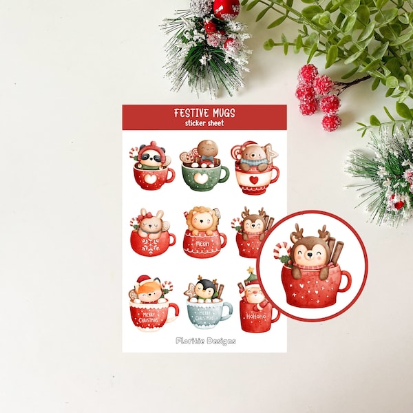 FESTIVE MUGS sticker sheet | Christmas stickers, decorative holiday stickers, journal stickers, scrapbooking, bujo stickers, xmas, planner