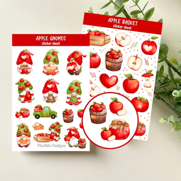 APPLE ORCHARD sticker sheets | cute apple gnomes, scrapbooking stickers, bujo, journal stickers, autumn stickers, apple picking, fruit lover