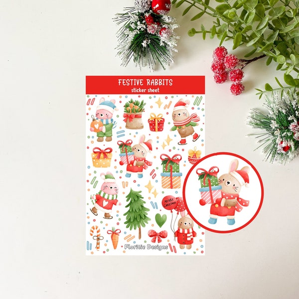 FESTIVE RABBITS sticker sheet | Christmas sticker sheet, cute animals, winter stickers, Christmas tree, bunny, journal stickers, bujo, cute