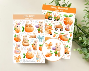 BUNNY & CARROT TRANSPORT sticker sheet set | decorative stickers, bujo stickers, easter bunny, seasonal spring stickers, cute pastel sticker