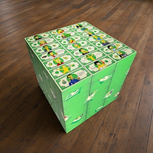 May include: A large, square stack of green paper bills featuring various cartoon characters from The Simpsons. Each bill displays a unique yellow character illustration, green borders, and text in a non-English language, arranged in a grid pattern.