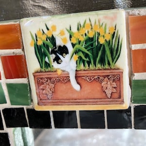 Calico CAT mosaic wall plaque, small mirror and cabinet knobs