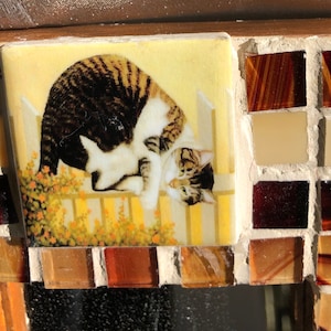 Cat mosaic wall plaque, small mirror and cabinet knobs