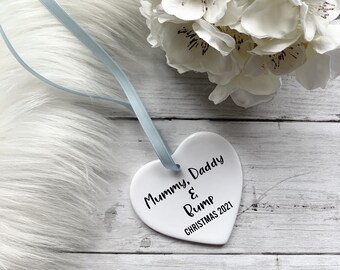 Mummy Daddy and Bump Decoration, Bump Christmas bauble, Ceramic hanging bauble, Christmas ornament, Christmas decoration