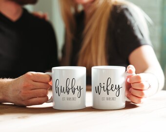 personalised hubby and wifey mugs, matching husband and wife mug set, wedding matching mug set gift, anniversary gift, his and hers mugs