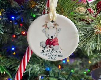 Personalised Baby's First Christmas Decoration | Keepsake Christmas Bauble Gift Ceramic Ornament | Baby's 1st Christmas Bear Decoration