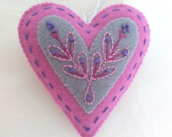 Pink Felt Heart Ornament, Hand Embroidered Christmas Tree Decoration