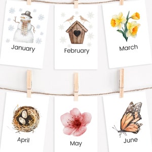 Schede dei mesi dell'anno, schede stampabili, istruzione parentale, Montessori, schede sulla natura, scuola materna, scuola materna, decorazioni per l'aula, decorazioni per la cameretta dei bambini