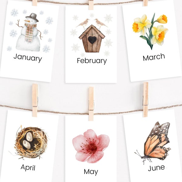 Årets månaders flashcards, Montessori hemundervisningsdekor (PDF-mönster)