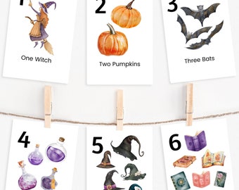 Halloween Number Flashcards 1-10 Printable, Preschool Classroom, Counting Flashcards, Fall Learning Flashcards, Halloween Numbers