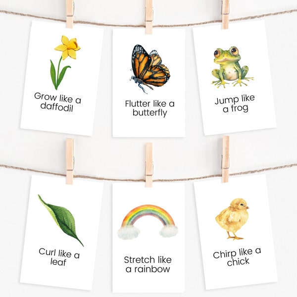 22 Spring Movement Cards, Kids Action Flashcards, Montessori Materials, Printable Homeschool Activities, Preschool Flashcards, Nature Cards