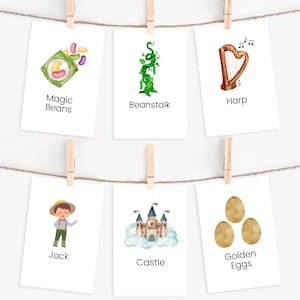 Tarjetas con la historia de Jack y las habichuelas mágicas, tarjetas para contar historias, cuentos de hadas, material Montessori para educación en el hogar, aula preescolar, cuentos para niños