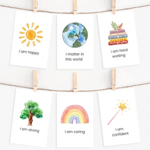 22 karty afirmacji dla dzieci do wydrukowania, pozytywne karty afirmacji, karty motywacyjne, zdrowie psychiczne dzieci, karty lękowe dla dzieci, Montessori