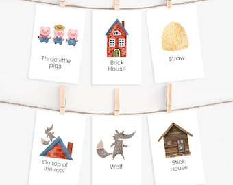 Three Little Pigs Story Cards, Storytelling Cards, Fairy Tale, Homeschool Montessori Printable, Preschool Classroom, Childrens Stories