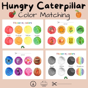 May include: A printable educational activity sheet titled Hungry Caterpillar Color Matching. It features watercolor-style circles in various colors, illustrations of fruits, objects, and text labels like Red, Orange, Yellow, Green, Gray, White, Black, and Rainbow.