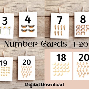 Number Flashcards 1-20 Printable, Nature Number Cards, Nursery Wall Art, Preschool Classroom, Homeschool Printables, Counting Flashcards