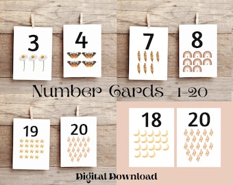 Number Flashcards 1-20 Printable, Nature Number Cards, Nursery