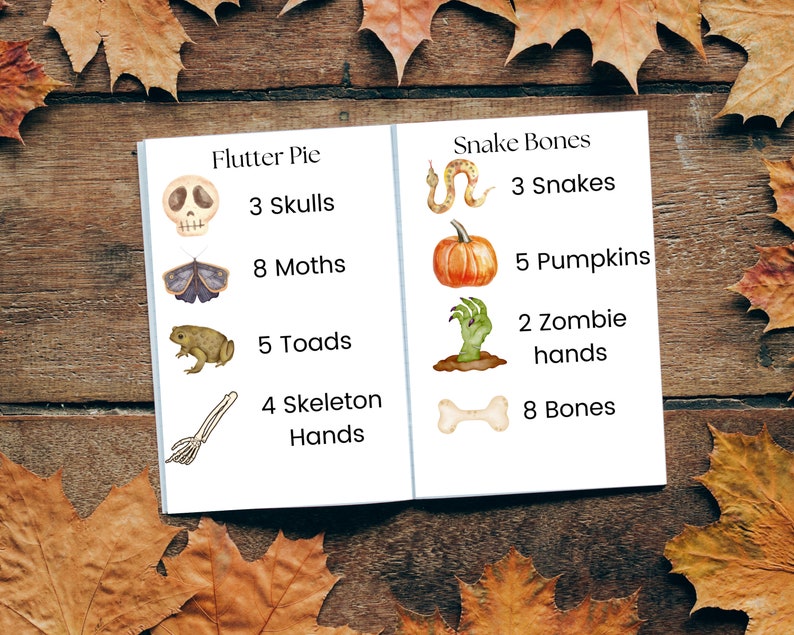 May include: A printable Halloween-themed counting activity with illustrations of skulls, moths, toads, skeleton hands, snakes, pumpkins, zombie hands, and bones. The text reads "Flutter Pie" and "Snake Bones".