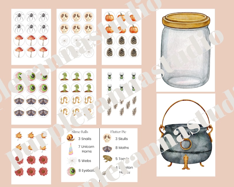 May include: A set of printable Halloween-themed party game cards featuring various spooky images, including spiders, skulls, pumpkins, pine cones, eyeballs, hands, moths, and more. The cards are designed to be used for a game of "I Spy" or a similar activity. The cards are printed on white paper with a light pink background.