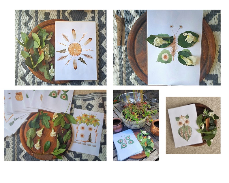 Puede incluir: Cuatro tarjetas blancas con ilustraciones de tem&aacute;tica natural y flores y hojas secas dispuestas sobre ellas. Las tarjetas est&aacute;n en bandejas de madera y rodeadas de m&aacute;s flores y hojas secas.