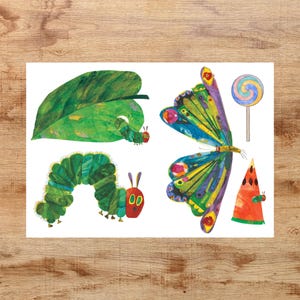 May include: A set of colorful stickers featuring a green caterpillar, a butterfly with green, blue, and purple wings, a green leaf, a red watermelon slice, and a colorful lollipop.