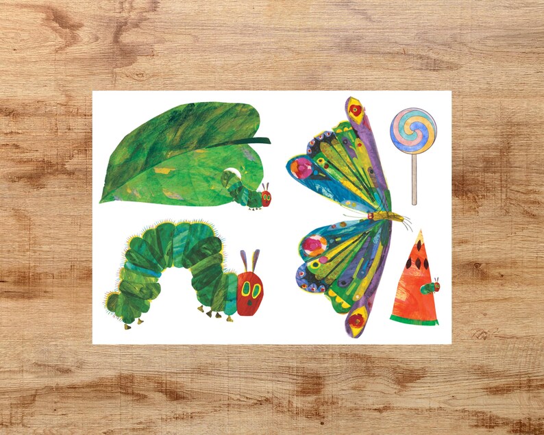 May include: A set of colorful stickers featuring a green caterpillar, a butterfly with green, blue, and purple wings, a green leaf, a red watermelon slice, and a colorful lollipop.