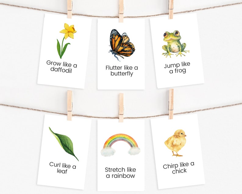 K&ouml;nnte beinhalten: Sechs druckbare Karten mit Aquarell-Illustrationen und Text. Die Karten zeigen eine Narzisse, einen Schmetterling, einen Frosch, ein Blatt, einen Regenbogen und ein K&uuml;ken. Jede Karte enth&auml;lt einen Satz, der die Bewegung des abgebildeten Objekts beschreibt, wie z. B. "Wachse wie eine Narzisse" oder "Fliege wie ein Schmetterling".