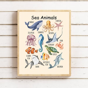 Cartel de animales marinos, arte de pared imprimible de animales del océano, cartel educativo, decoración de la pared de la guardería, decoración de la habitación de los niños, Montessori, educación en el hogar