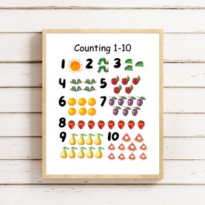 Die sehr hungrige Raupe, die 1-10 zählt, Zahlen Lernposter, Montessori, Hausschule, druckbares Klassenzimmerposter, Kinderzimmerwandkunst