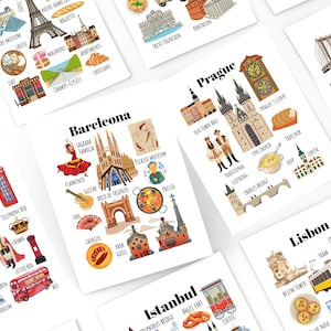May include: A series of illustrated travel posters showcasing landmarks and cultural icons from cities like Paris, London, Barcelona, Prague, and Lisbon. Each poster features iconic buildings, food, and cultural symbols.
