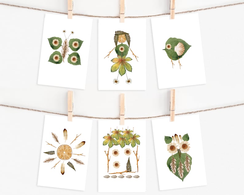 Puede incluir: Seis tarjetas con diferentes dise&ntilde;os de tem&aacute;tica natural hechos con hojas y flores prensadas. Los dise&ntilde;os incluyen una mariposa, una persona, un p&aacute;jaro, un sol, una casa y un b&uacute;ho.