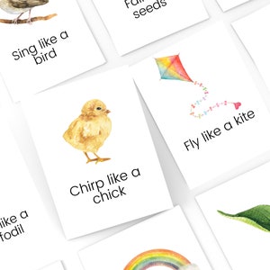 K&ouml;nnte beinhalten: Ein Satz von Karteikarten mit bunten Illustrationen und Text. Die Karten zeigen einen Vogel, ein K&uuml;ken, eine Narzisse, einen Drachen, ein Blatt und einen Regenbogen. Der Text auf den Karten lautet: "Sing wie ein Vogel", "Piepse wie ein K&uuml;ken", "Wachse wie eine Narzisse", "Flieg wie ein Drachen", und "Falle wie Samen".