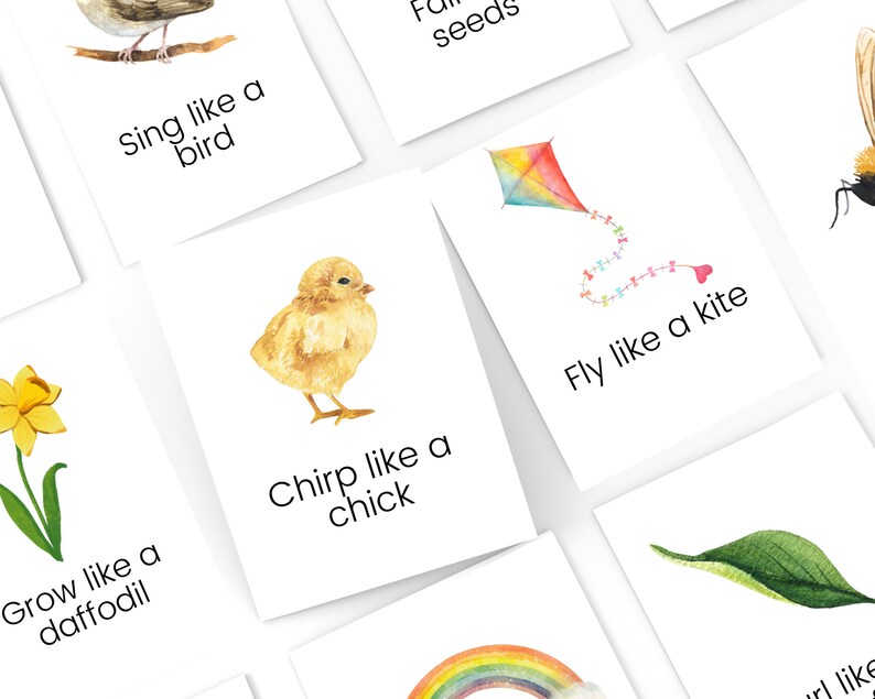 K&ouml;nnte beinhalten: Ein Satz von Karteikarten mit bunten Illustrationen und Text. Die Karten zeigen einen Vogel, ein K&uuml;ken, eine Narzisse, einen Drachen, ein Blatt und einen Regenbogen. Der Text auf den Karten lautet: "Sing wie ein Vogel", "Piepse wie ein K&uuml;ken", "Wachse wie eine Narzisse", "Flieg wie ein Drachen", und "Falle wie Samen".