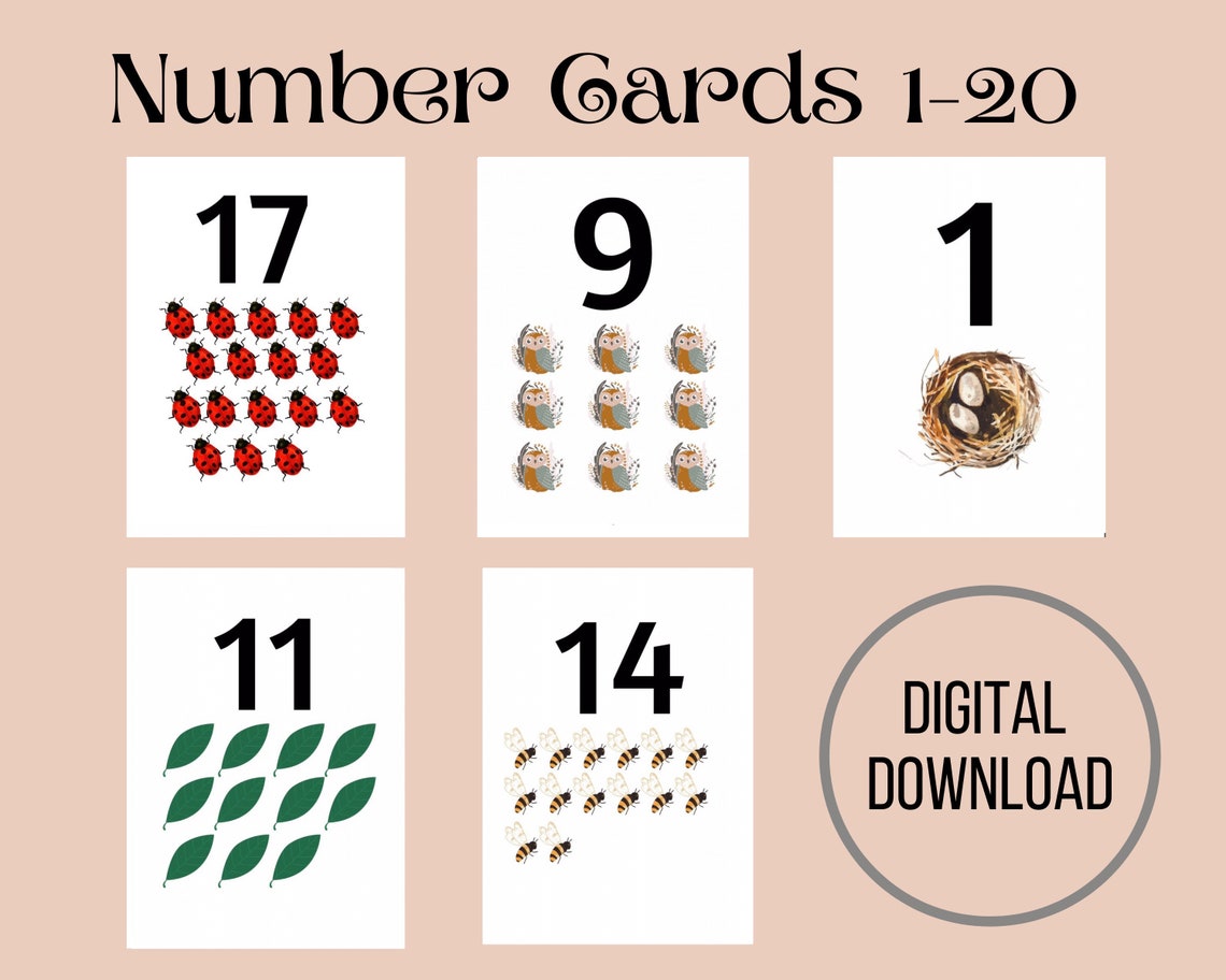 Number Flashcards 1 20 Printable Nature Number Cards Nursery Etsy