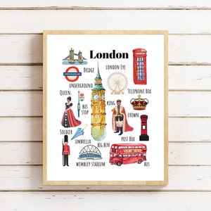 London Kinderzimmer Kunst, druckbare Wandkunst, London Lernposter, Montessori, Homeschool, Klassenzimmer Poster, London Wandkunst, London Decor