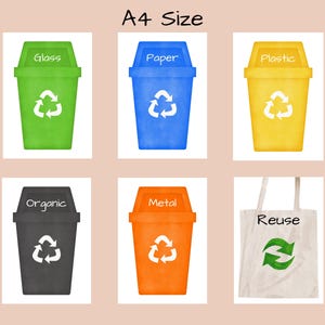 Op de afbeelding: Zes verschillende recyclebakken met labels voor glas, papier, plastic, organisch afval, metaal en hergebruik. De bakken zijn allemaal in verschillende kleuren en hebben een recycle-symbool.