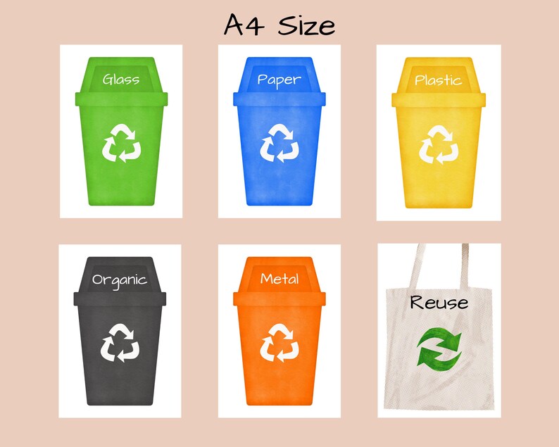 Op de afbeelding: Zes verschillende recyclebakken met labels voor glas, papier, plastic, organisch afval, metaal en hergebruik. De bakken zijn allemaal in verschillende kleuren en hebben een recycle-symbool.