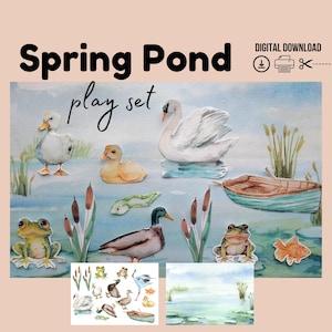 Spring Pond Paper Play Set, Spring Activity, Pretend Play, Paper Ducks, Paper Frogs, DIY Paper Craft, Montessori, Prek, Homeschool Printable