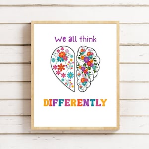 Neurodiversity Digital Poster, We All Think Differently Print, Brain Art, Neurodiversity, Office Decor for Therapists, Classroom Wall Decor
