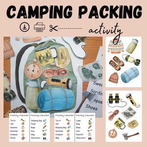 Könnte beinhalten: Eine druckbare Camping-Packliste für Kinder. Die Aktivität beinhaltet einen Rucksack mit verschiedenen Campingartikeln, wie z. B. einen Schlafsack, eine Taschenlampe, einen Kompass und ein Seil. Es gibt auch separate Bilder von Campingartikeln, wie z. B. eine Tasse, eine Axt und ein Fernglas.
