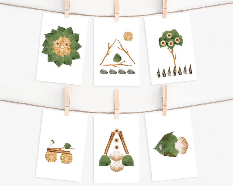 Puede incluir: Seis tarjetas con diferentes dise&ntilde;os inspirados en la naturaleza, hechos con flores secas, hojas y otros elementos naturales. Las tarjetas est&aacute;n colgadas de una cuerda con pinzas para la ropa.